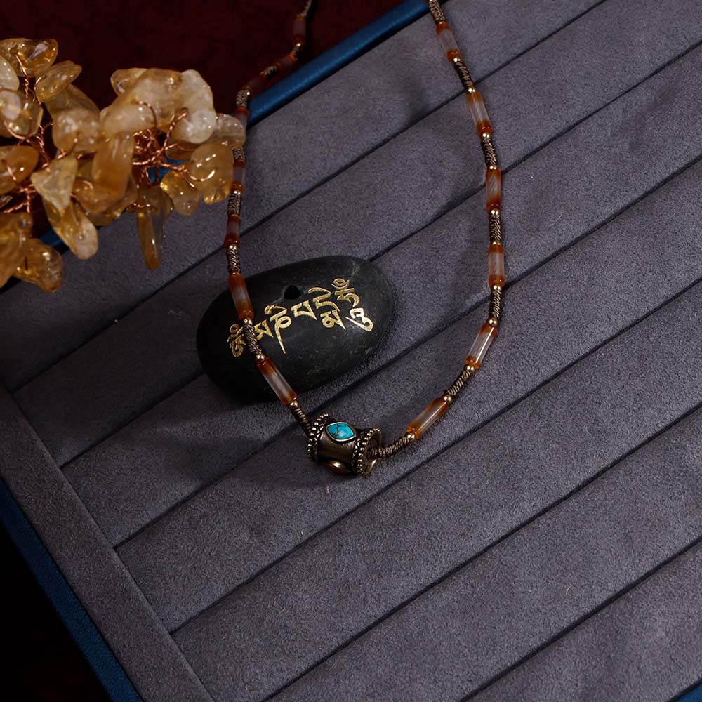 ZenWuxiang Tibetan Mani Stone Agate Necklace, Boho Ethnic Necklace with Natural Agate Beads, Lulutong Bead & Brass Charm, Vintage Tibetan Protection Jewelry