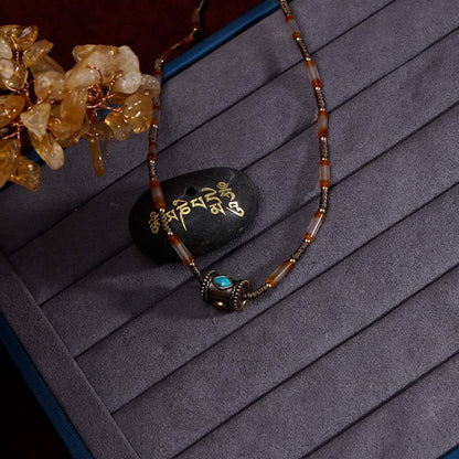 ZenWuxiang Tibetan Mani Stone Agate Necklace, Boho Ethnic Necklace with Natural Agate Beads, Lulutong Bead & Brass Charm, Vintage Tibetan Protection Jewelry