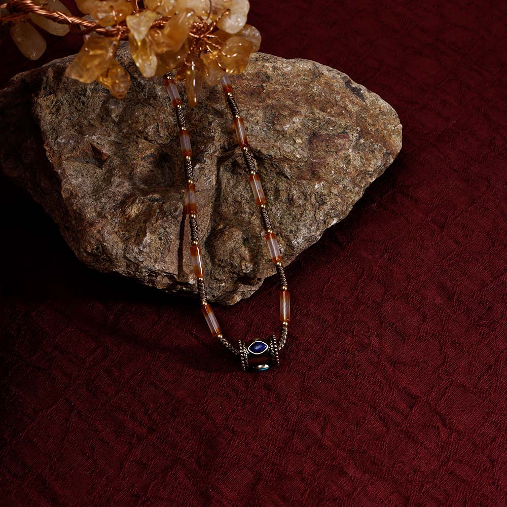 ZenWuxiang Tibetan Mani Stone Agate Necklace, Boho Ethnic Necklace with Natural Agate Beads, Lulutong Bead & Brass Charm, Vintage Tibetan Protection Jewelry