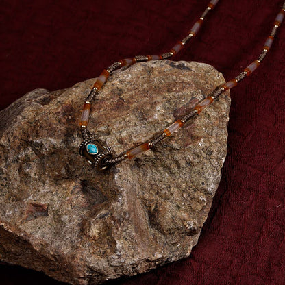 ZenWuxiang Tibetan Mani Stone Agate Necklace, Boho Ethnic Necklace with Natural Agate Beads, Lulutong Bead & Brass Charm, Vintage Tibetan Protection Jewelry