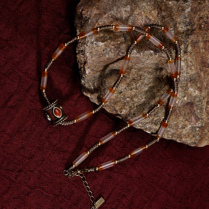 ZenWuxiang Tibetan Mani Stone Agate Necklace, Boho Ethnic Necklace with Natural Agate Beads, Lulutong Bead & Brass Charm, Vintage Tibetan Protection Jewelry