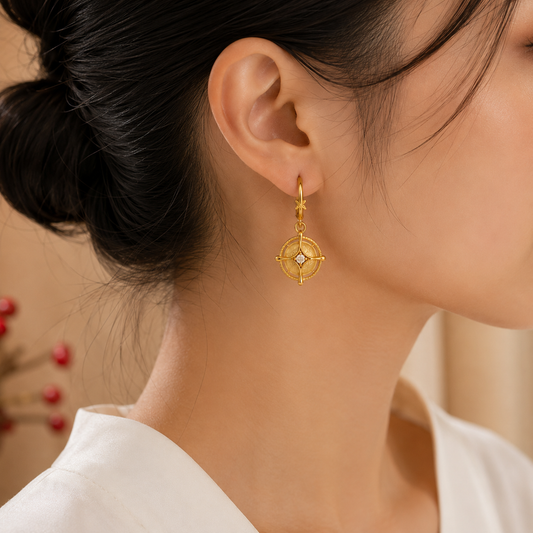 ZenWuxiang Wealth Coin Series The Fortune Compass Earrings | 18K Gold-Plated S925 Silver Eastern Inspired Jewelry