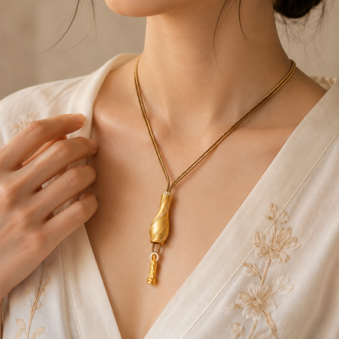 ZenWuxiang Guanyin Treasure Vase Pendant Necklace | Gold-Plated Copper & Zircon
