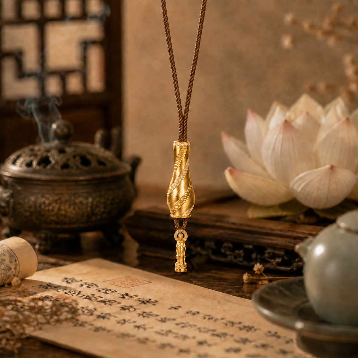 ZenWuxiang Guanyin Treasure Vase Pendant Necklace | Gold-Plated Copper & Zircon
