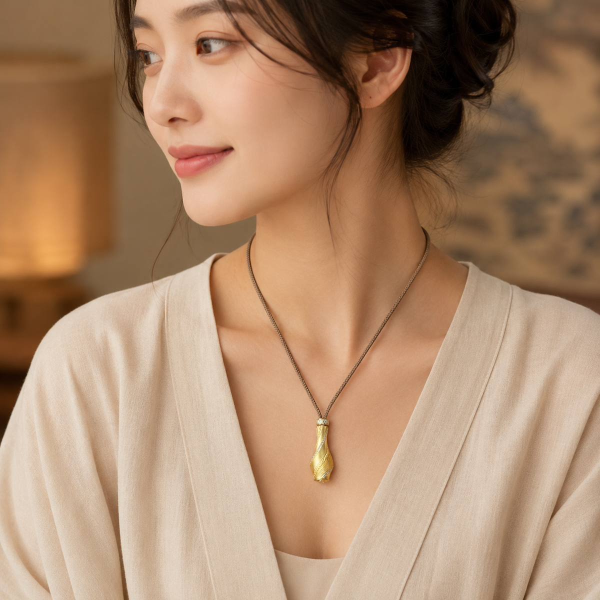 ZenWuxiang Guanyin Treasure Vase Pendant Necklace | Gold-Plated Copper & Zircon