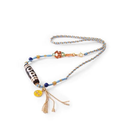 ZenWuxiang Five-Eye Dzi Necklace with Lapis Lazuli Gemstones (38.5mm)