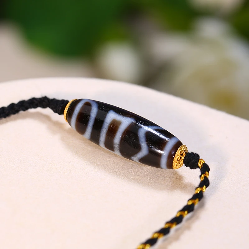 ZenWuxiang Four Activities Motif Black Gold Dzi Bead Necklace | Himalayan Cultural Jewelry