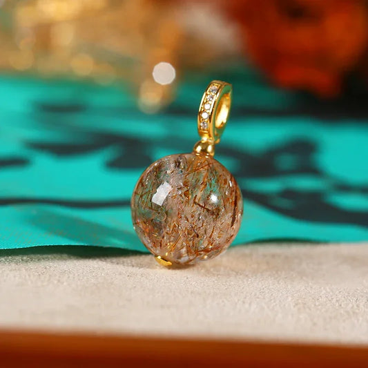 Natural Black Gold Rutilated Quartz Pendant — Tibetan Spiritual Energy Crystal Necklace