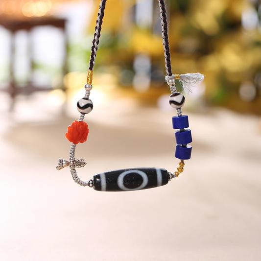 ZenWuxiang Single-Eye Heaven-Earth Dzi Necklace with Lapis Lazuli
