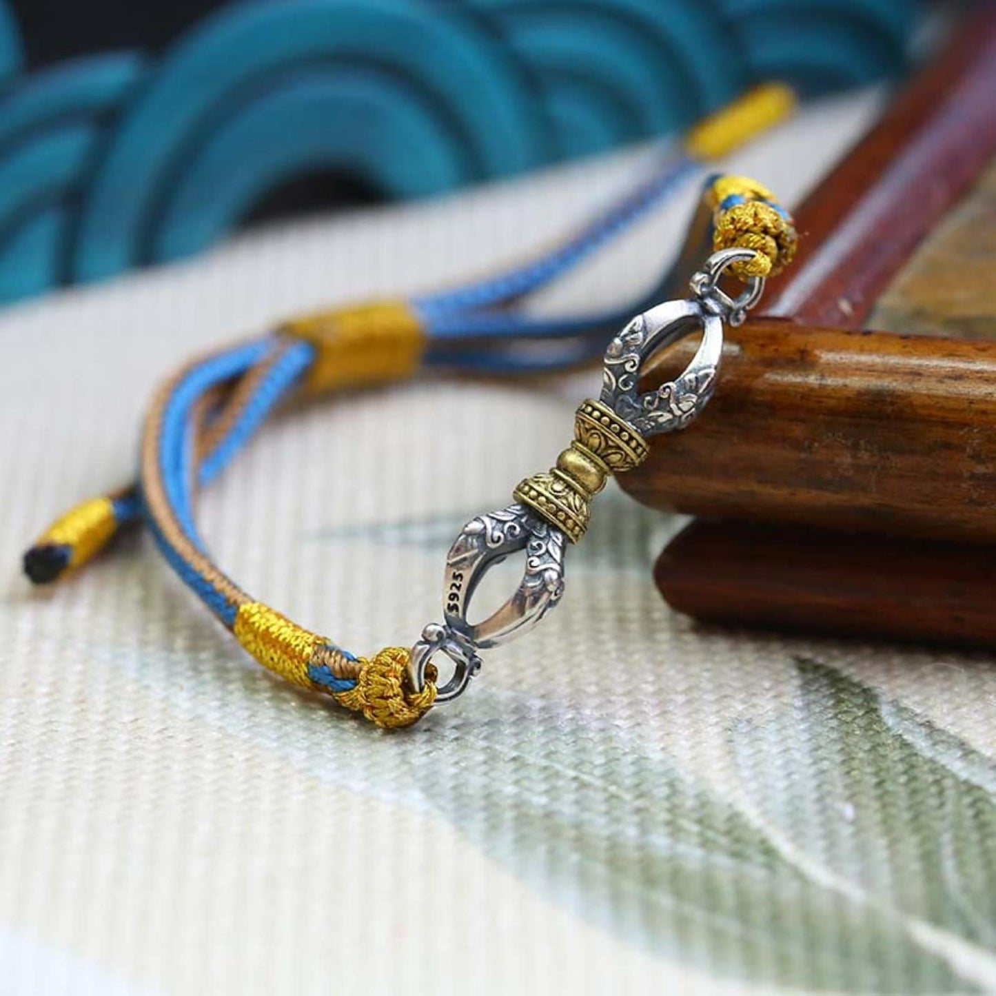 ZenWuxiang 925 Silver Vajra Dorje Bracelet Hand-Braided Tibetan Buddhist Protection Cord
