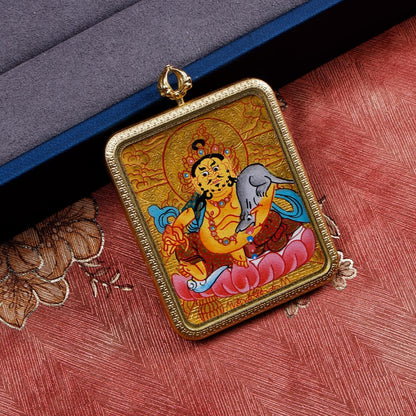 ZenWuxiang Custom Yellow Jambhala Thangka Necklace • Hand-Painted Buddhist Wealth Amulet (1.57*1.97 in)
