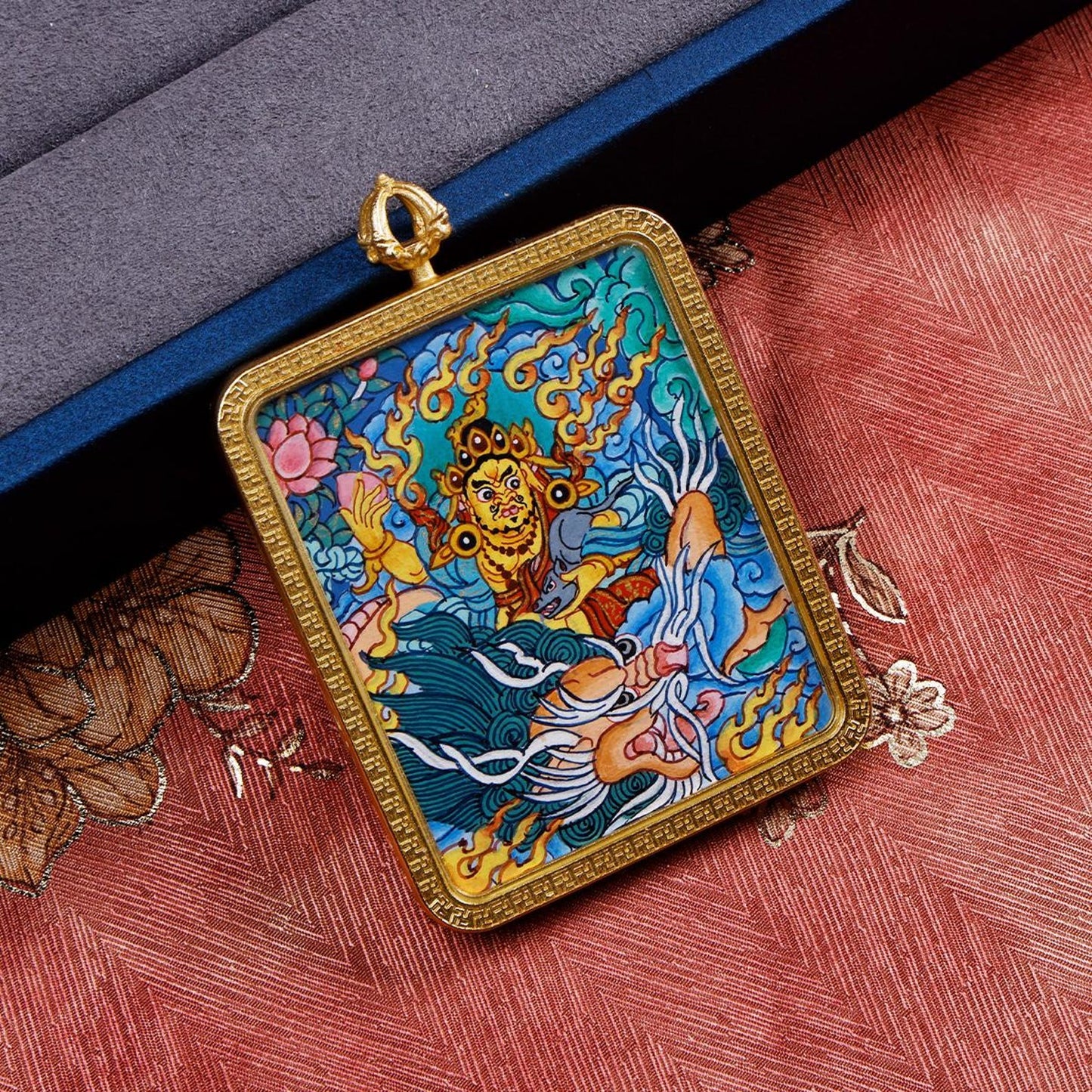 ZenWuxiang Custom Yellow Jambhala Thangka Necklace • Hand-Painted Buddhist Wealth Amulet (1.57*1.97 in)