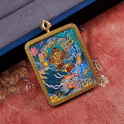 ZenWuxiang Custom Yellow Jambhala Thangka Necklace • Hand-Painted Buddhist Wealth Amulet (1.57*1.97 in)
