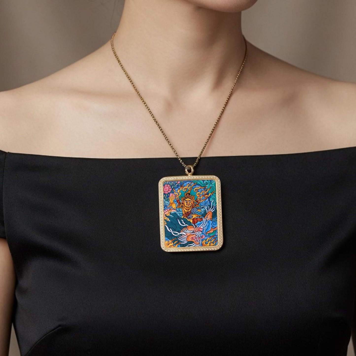 ZenWuxiang Custom Yellow Jambhala Thangka Necklace • Hand-Painted Buddhist Wealth Amulet (1.57*1.97 in)