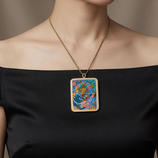 ZenWuxiang Custom Yellow Jambhala Thangka Necklace • Hand-Painted Buddhist Wealth Amulet (1.57*1.97 in)