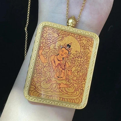 ZenWuxiang Manjushri Thangka Pendant Necklace | Double-Sided Hand-Painted Copper Frame Tibetan Wisdom Amulet