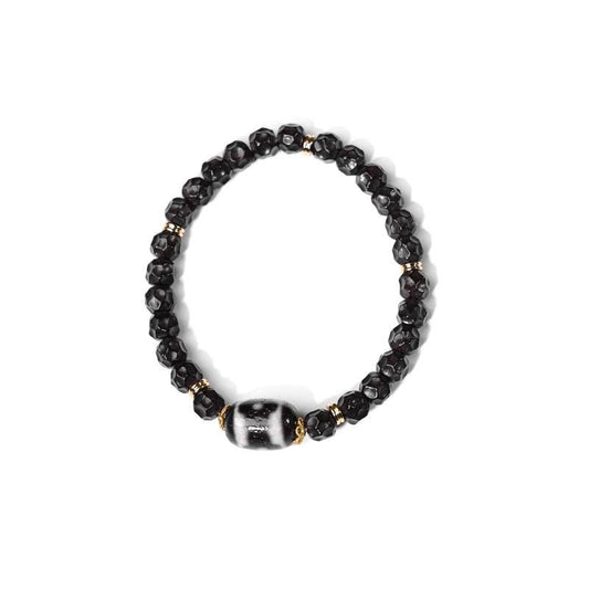 ZenWuxiang Three-Eye Mandala Dzi Bead Bracelet | Black Onyx & Gold Tibetan Wealth Talisman