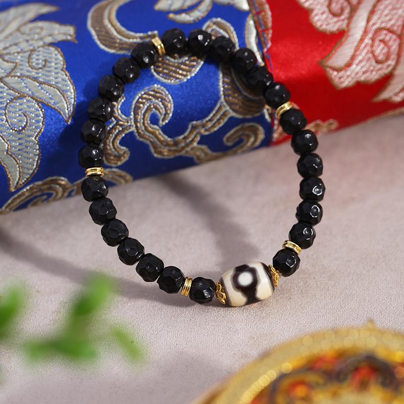 ZenWuxiang Three-Eye Mandala Dzi Bead Bracelet | Black Onyx & Gold Tibetan Wealth Talisman