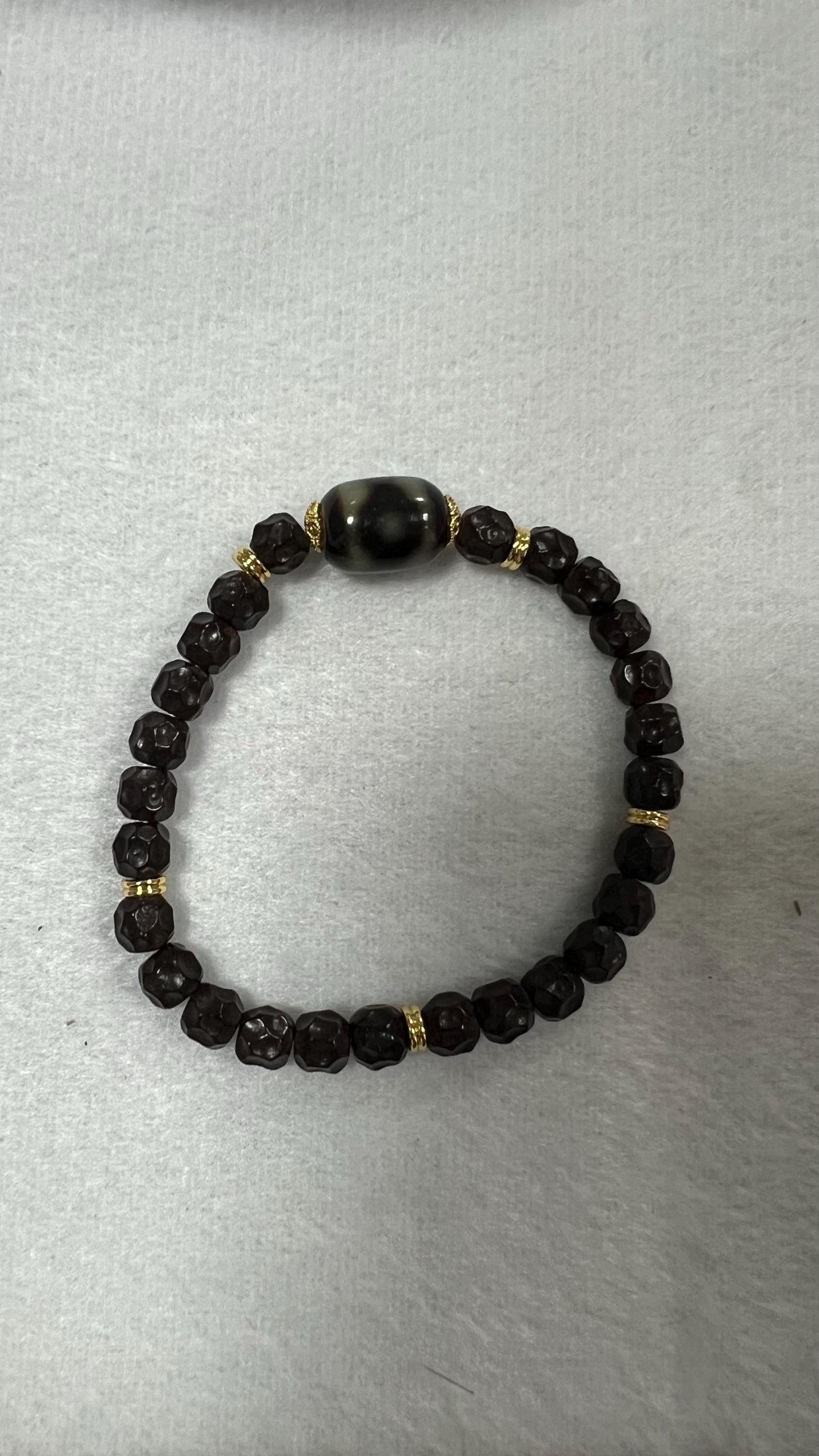 ZenWuxiang Three-Eye Mandala Dzi Bead Bracelet | Black Onyx & Gold Tibetan Wealth Talisman