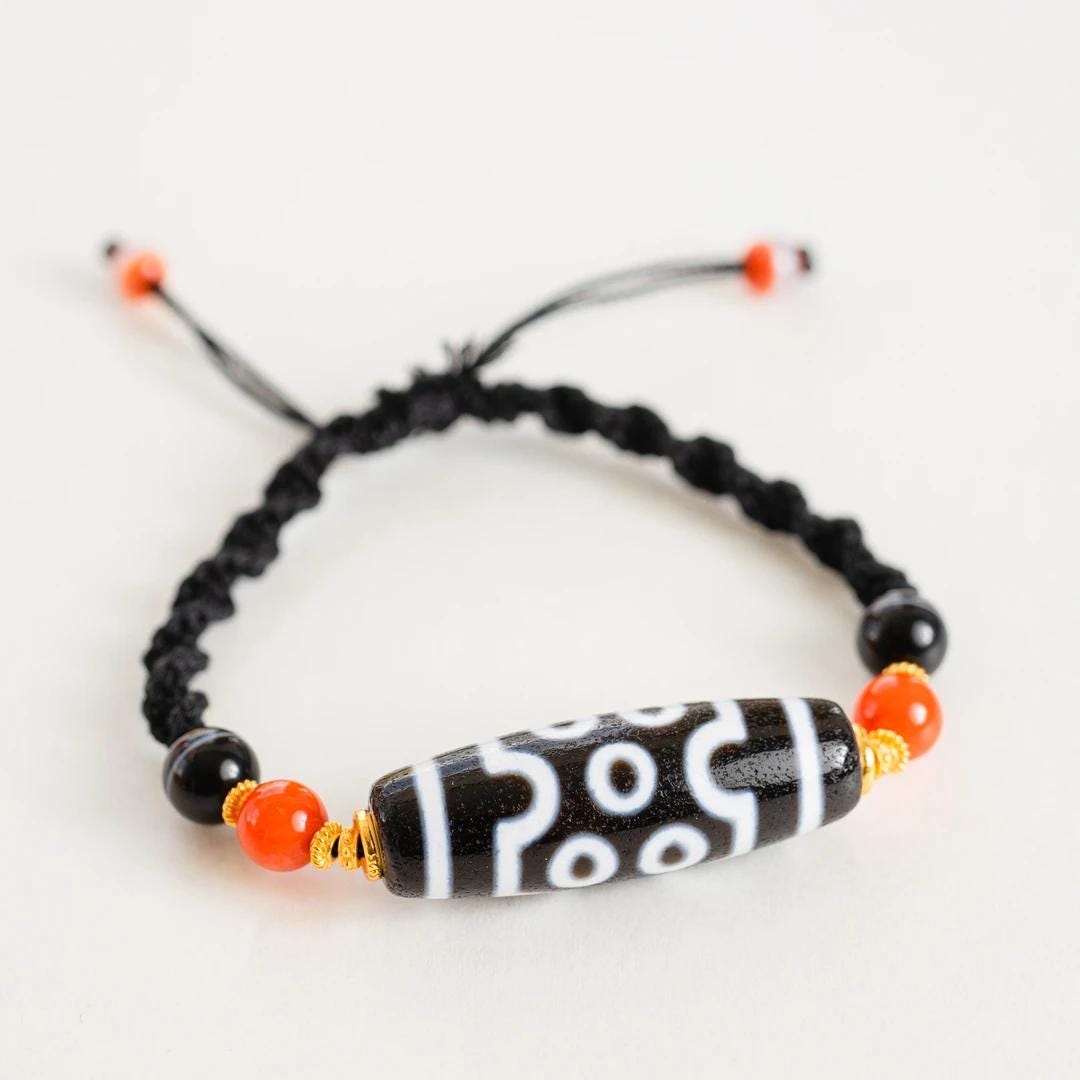 ZenWuxiang Seven-Eye Dzi Bead Bracelet | Handcrafted Tibetan Protection Amulet | Red Agate & Black Onyx