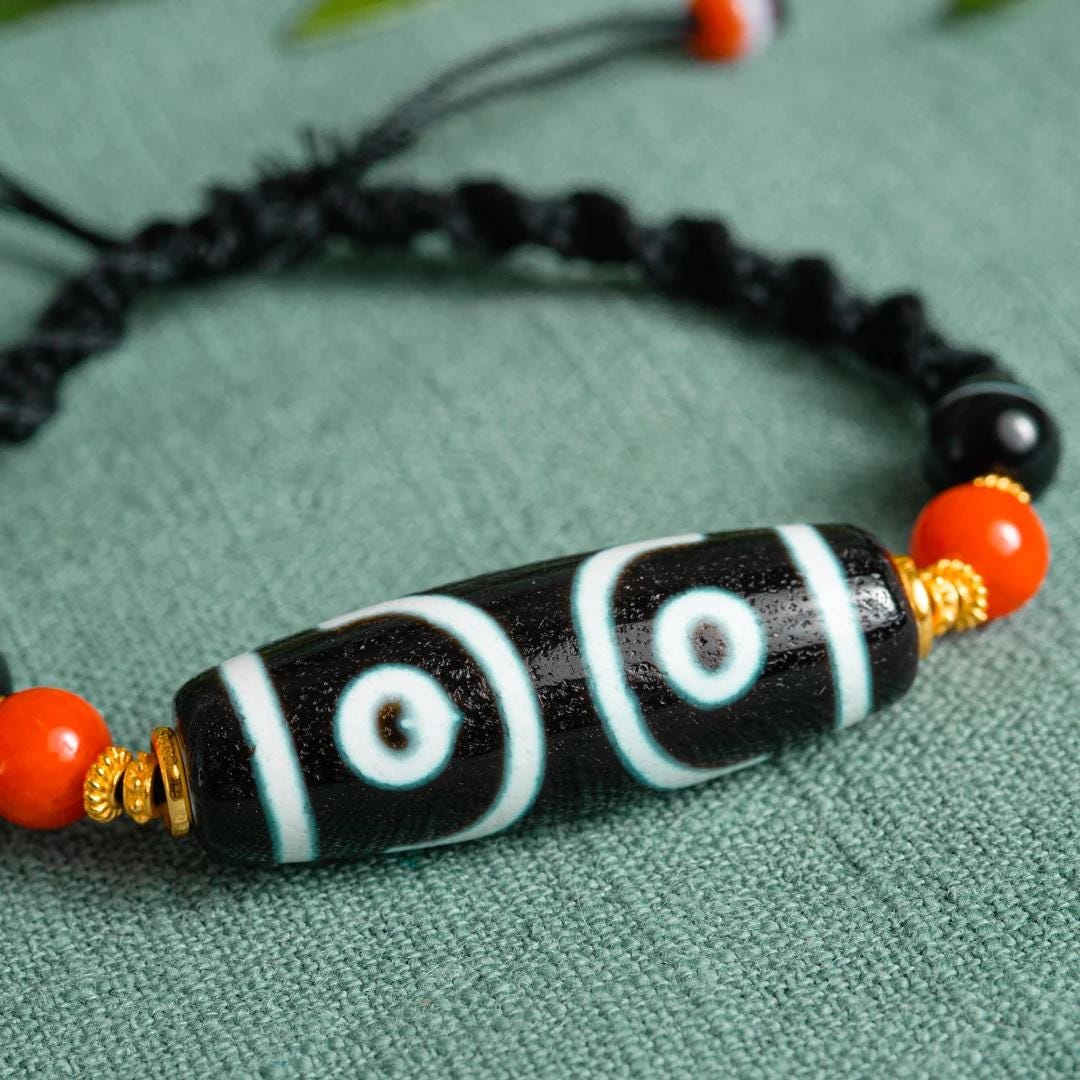 ZenWuxiang Seven-Eye Dzi Bead Bracelet | Handcrafted Tibetan Protection Amulet | Red Agate & Black Onyx