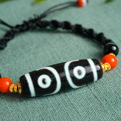 ZenWuxiang Seven-Eye Dzi Bead Bracelet | Handcrafted Tibetan Protection Amulet | Red Agate & Black Onyx