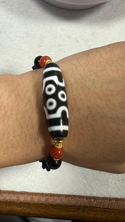 ZenWuxiang Seven-Eye Dzi Bead Bracelet | Handcrafted Tibetan Protection Amulet | Red Agate & Black Onyx