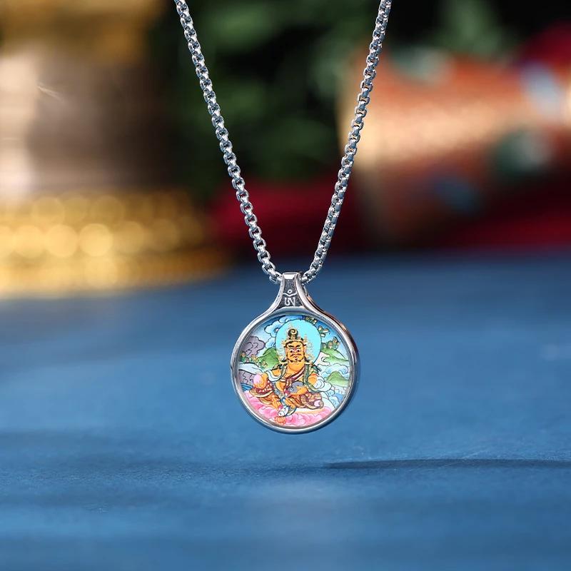 ZenWuxiang Yellow Dzambhala Thangka Pendant Necklace | Hand-Painted Tibetan Wealth Amulet | Silver Frame & Chain