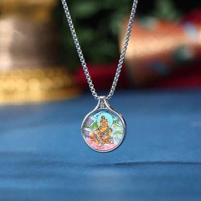 ZenWuxiang Yellow Dzambhala Thangka Pendant Necklace | Hand-Painted Tibetan Wealth Amulet | Silver Frame & Chain