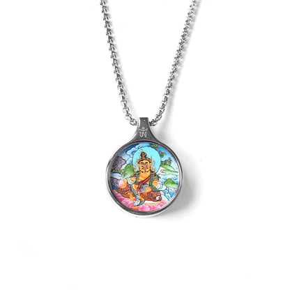 ZenWuxiang Yellow Dzambhala Thangka Pendant Necklace | Hand-Painted Tibetan Wealth Amulet | Silver Frame & Chain