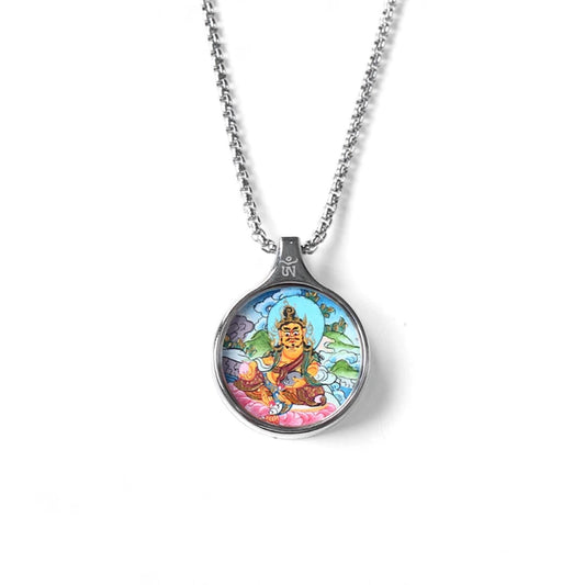 ZenWuxiang Yellow Dzambhala Thangka Pendant Necklace | Hand-Painted Tibetan Wealth Amulet | Silver Frame & Chain