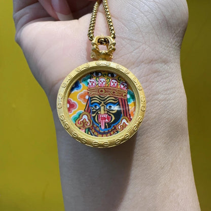 ZenWuxiang Zajia Lhamo Thangka Pendant Necklace | Hand-Painted Tibetan Wealth Protector Amulet | Gold Frame & Chain