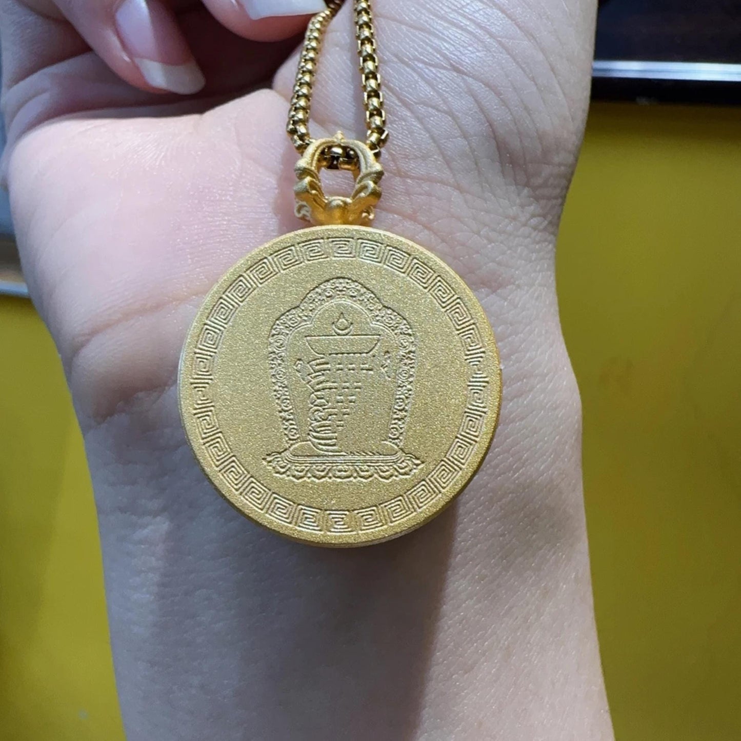 ZenWuxiang Zajia Lhamo Thangka Pendant Necklace | Hand-Painted Tibetan Wealth Protector Amulet | Gold Frame & Chain