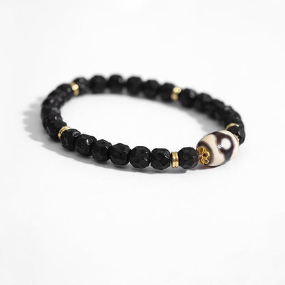 ZenWuxiang Three-Eye Mandala Dzi Bead Bracelet | Black Onyx & Gold Tibetan Wealth Talisman