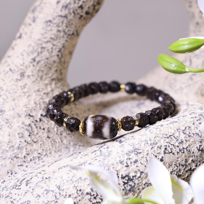 ZenWuxiang Three-Eye Mandala Dzi Bead Bracelet | Black Onyx & Gold Tibetan Wealth Talisman