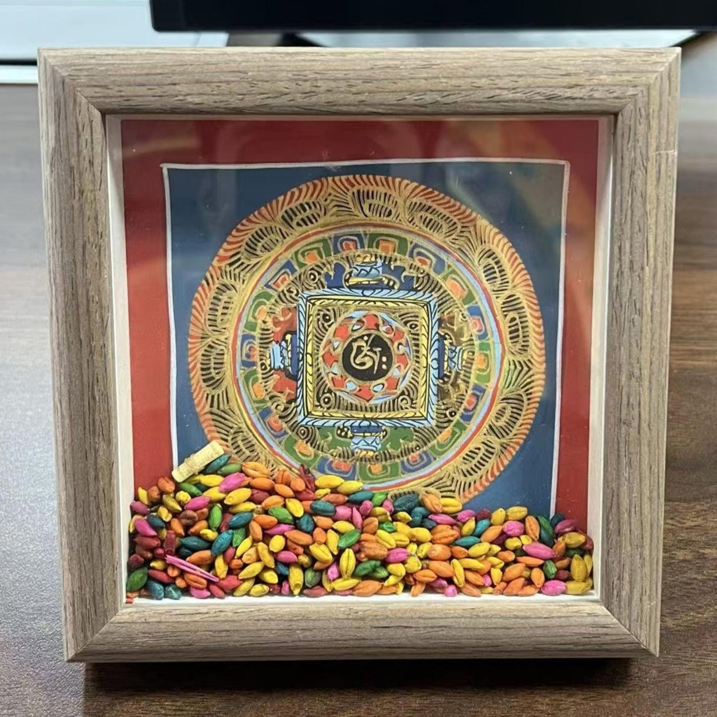 ZenWuxiang Surprise Tibetan Mandala Thangka Framed Art | Hand-Painted Sacred Geometry 5x5 in Freestanding Desk Altar Display