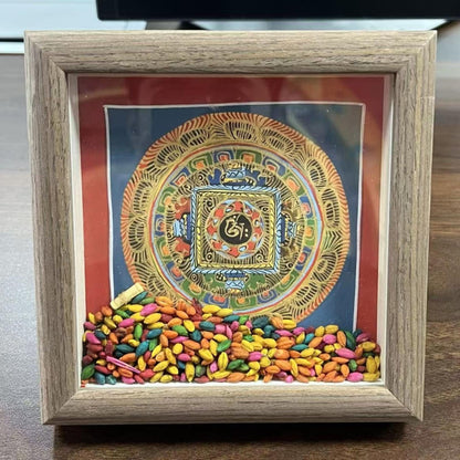 ZenWuxiang Surprise Tibetan Mandala Thangka Framed Art | Hand-Painted Sacred Geometry 5x5 in Freestanding Desk Altar Display