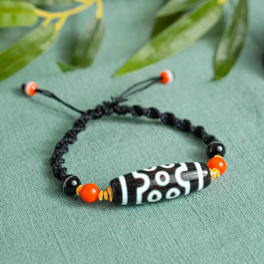 ZenWuxiang Seven-Eye Dzi Bead Bracelet | Handcrafted Tibetan Protection Amulet | Red Agate & Black Onyx