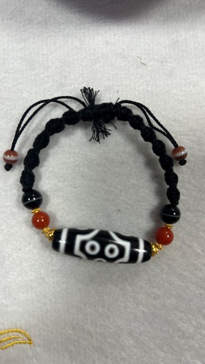 ZenWuxiang Seven-Eye Dzi Bead Bracelet | Handcrafted Tibetan Protection Amulet | Red Agate & Black Onyx