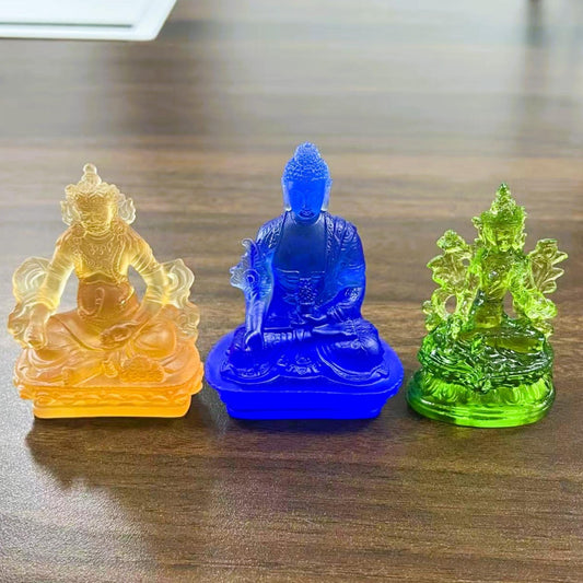 ZenWuxiang Liuli Glass Buddhist Statue | Green Tara, Medicine Buddha & Yellow Jambhala Sacred Altar Decor