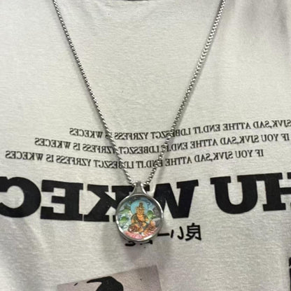 ZenWuxiang Yellow Dzambhala Thangka Pendant Necklace | Hand-Painted Tibetan Wealth Amulet | Silver Frame & Chain