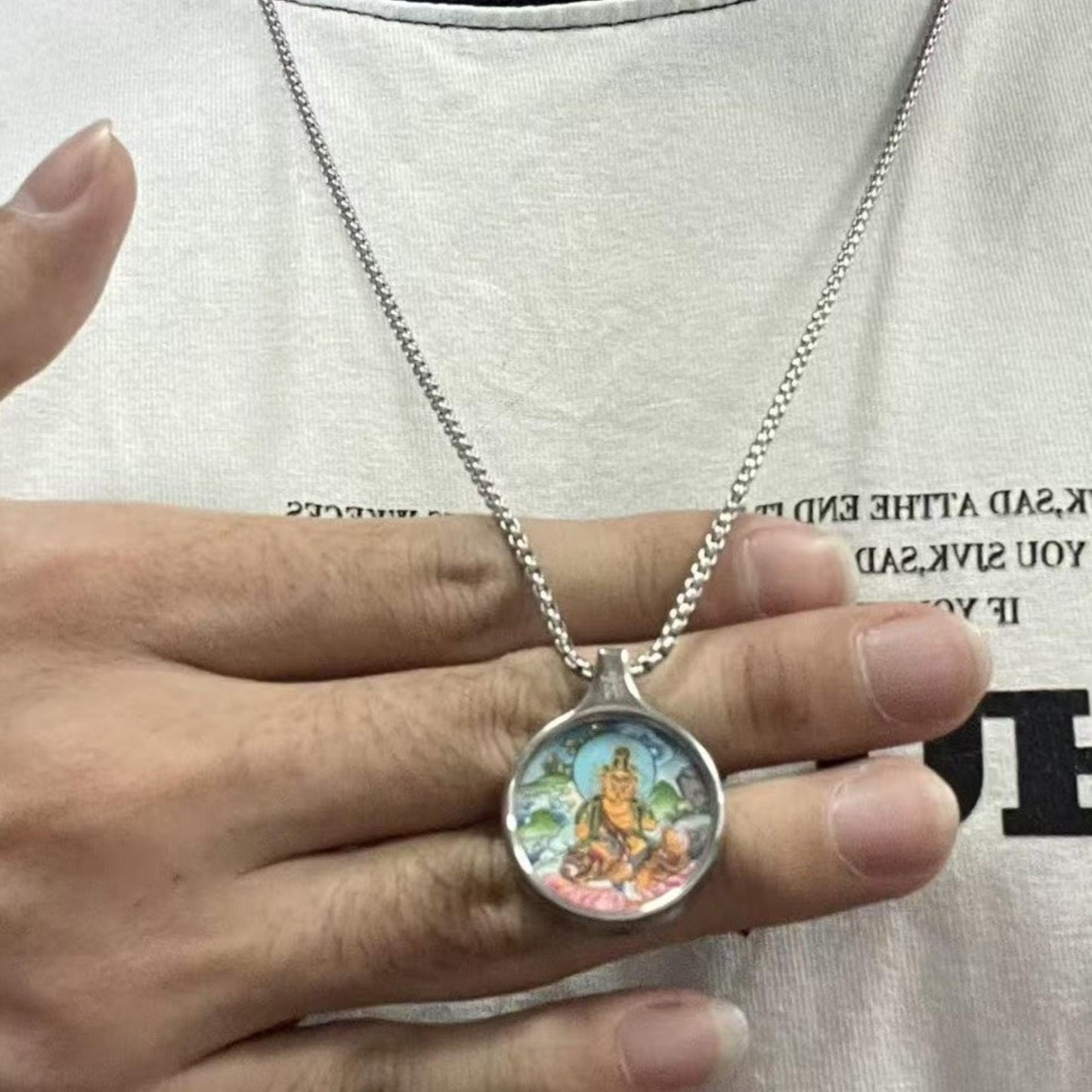 ZenWuxiang Yellow Dzambhala Thangka Pendant Necklace | Hand-Painted Tibetan Wealth Amulet | Silver Frame & Chain