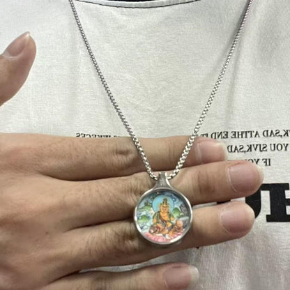 ZenWuxiang Yellow Dzambhala Thangka Pendant Necklace | Hand-Painted Tibetan Wealth Amulet | Silver Frame & Chain