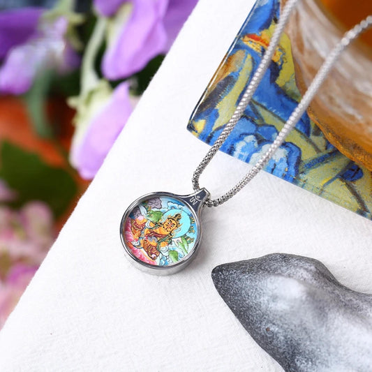 ZenWuxiang Yellow Dzambhala Thangka Pendant Necklace | Hand-Painted Tibetan Wealth Amulet | Silver Frame & Chain
