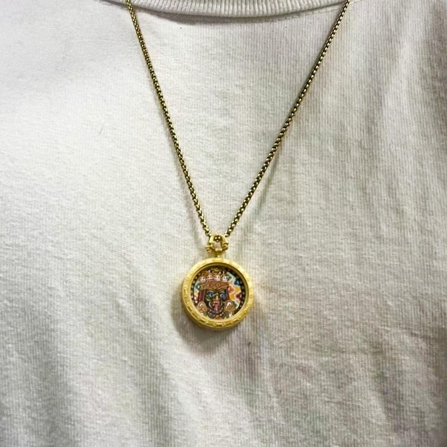 ZenWuxiang Zajia Lhamo Thangka Pendant Necklace | Hand-Painted Tibetan Wealth Protector Amulet | Gold Frame & Chain