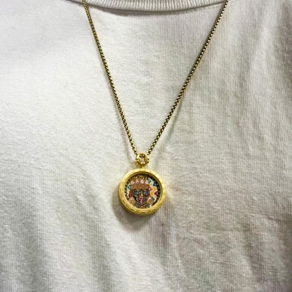ZenWuxiang Zajia Lhamo Thangka Pendant Necklace | Hand-Painted Tibetan Wealth Protector Amulet | Gold Frame & Chain