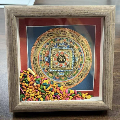 ZenWuxiang Surprise Tibetan Mandala Thangka Framed Art | Hand-Painted Sacred Geometry 5x5 in Freestanding Desk Altar Display