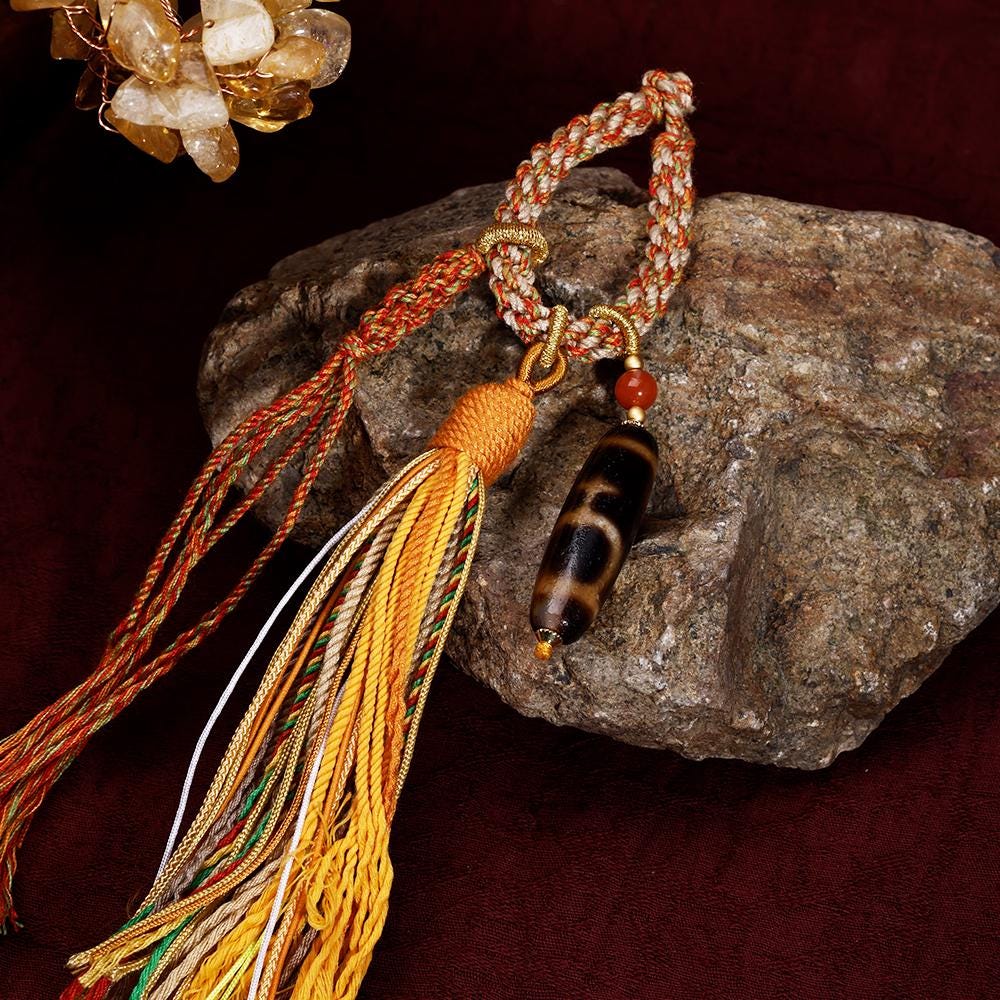 ZenWuxiang Tibetan Treasure Vase Dzi Bead Car Hanging | Natural Agate Amulet Copper Tassel Decor