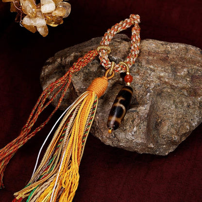 ZenWuxiang Tibetan Treasure Vase Dzi Bead Car Hanging | Natural Agate Amulet Copper Tassel Decor
