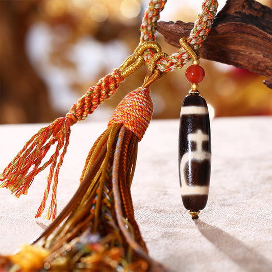ZenWuxiang Tibetan Treasure Vase Dzi Bead Car Hanging | Natural Agate Amulet Copper Tassel Decor